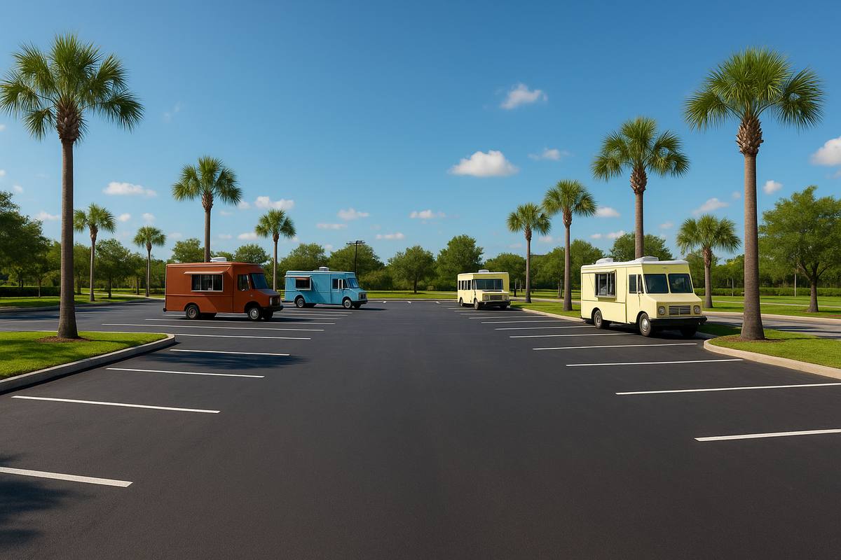 Spacious food truck lot at Pete's Eats on 66 with marked parking spots for vendors